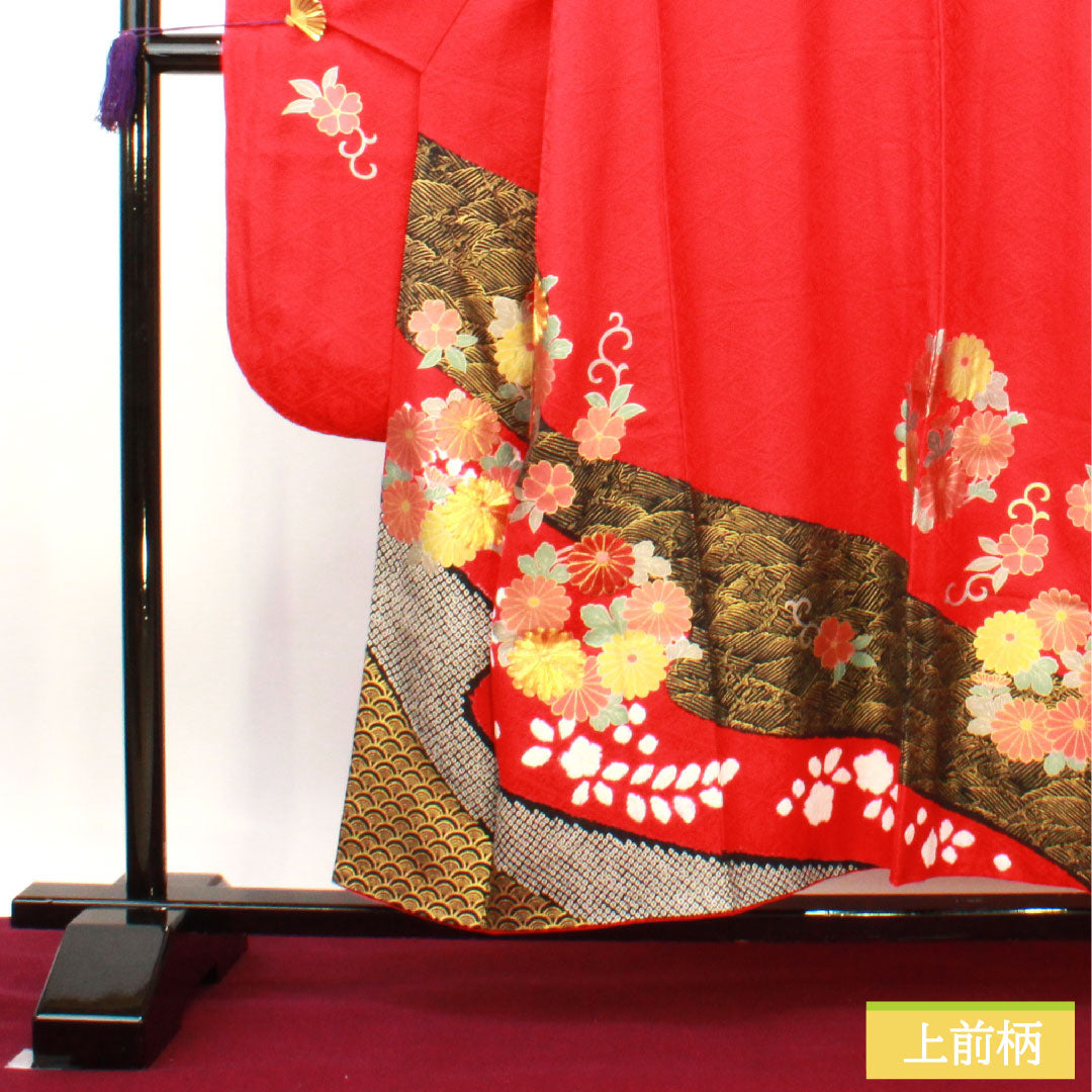 Furisode, pure silk, length 154.5cm, sleeve length 66cm, lined, Turkish red, Kyoto Yuzen, chrysanthemum, A rank, red, 1113001983212