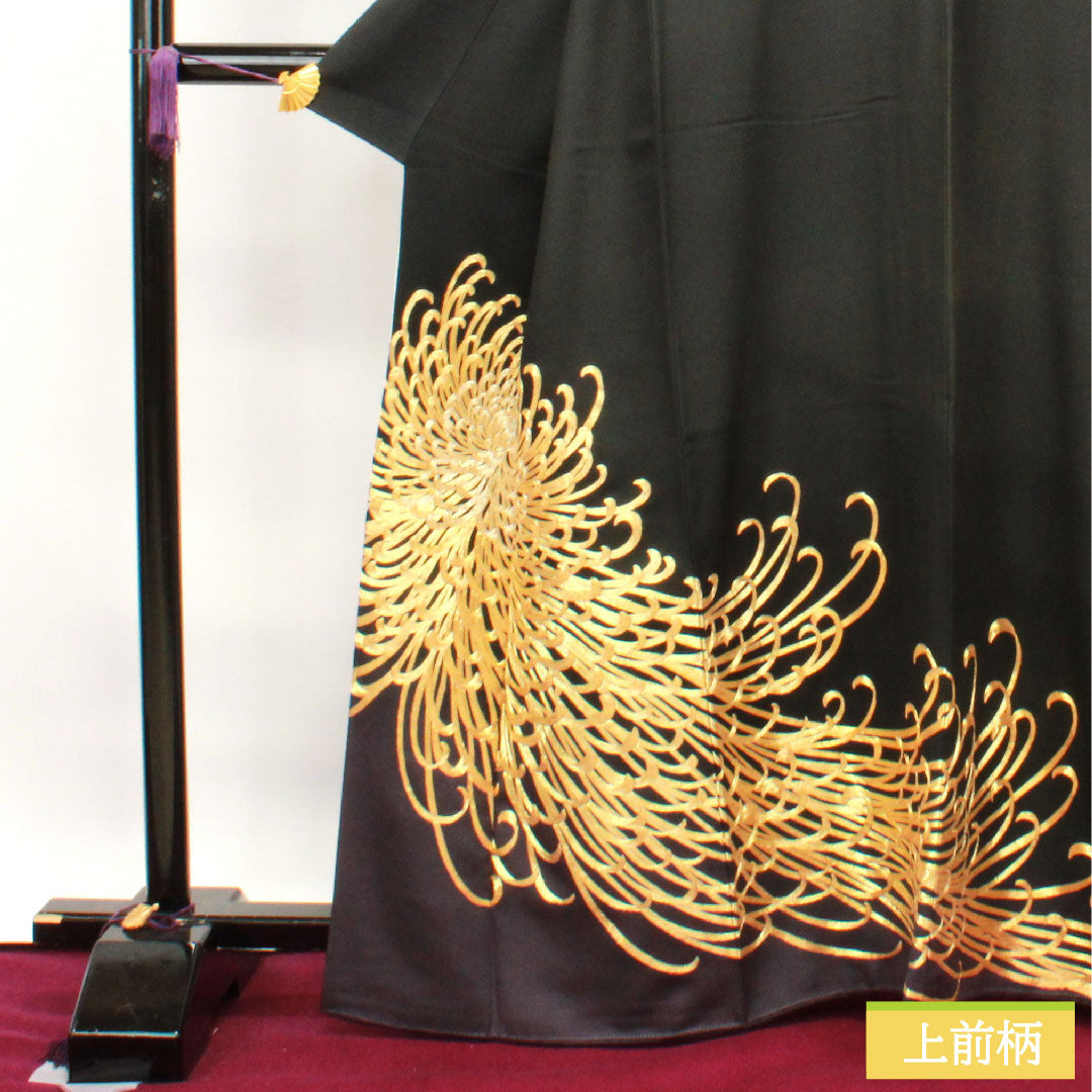 黒留袖 正絹 身丈163.5cm 裄丈66cm 袷 金駒刺繡 菊 揚羽蝶 五つ紋 Bランク 五つ紋 黒系 1111001194410