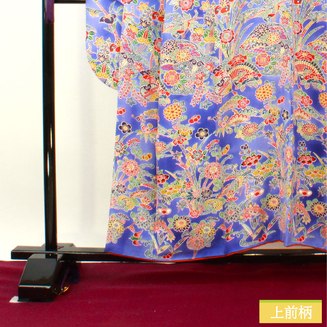 Furisode, pure silk, length 156cm, sleeve length 62.5cm, lined, Kyoto Bingata, auspicious pattern, A rank, navy blue, 1113001893318