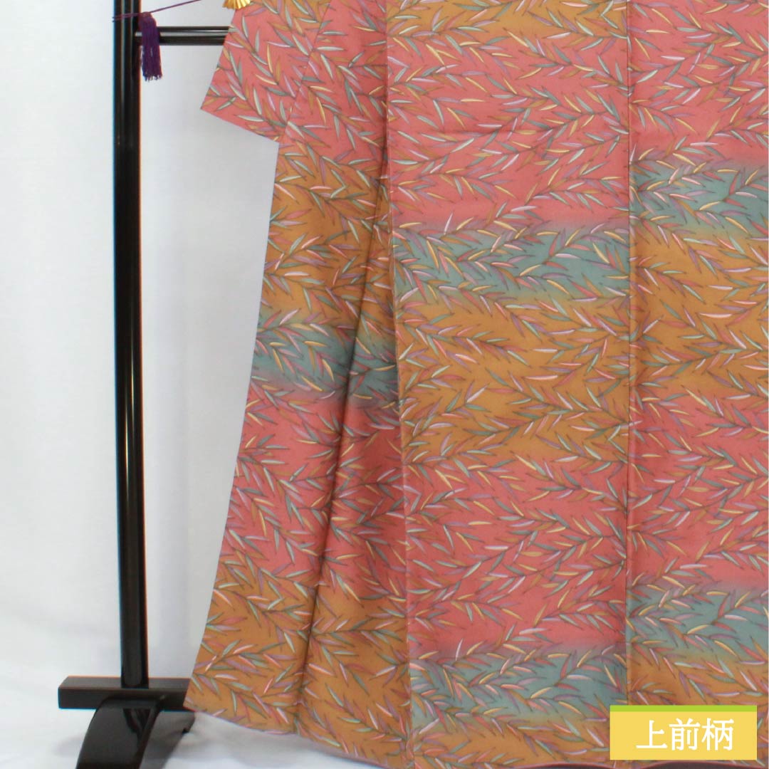 Komon (small pattern) kimono, polyester, length 164.5cm, sleeve length 67cm, lined, Choshun-iro (Choshu-iro), Rakko-iro (Rakko-iro), Aito-no-chairo (Aito-no-chairo), bamboo leaves, horizontal stripes, S rank, gradient, product number 1115006252499
