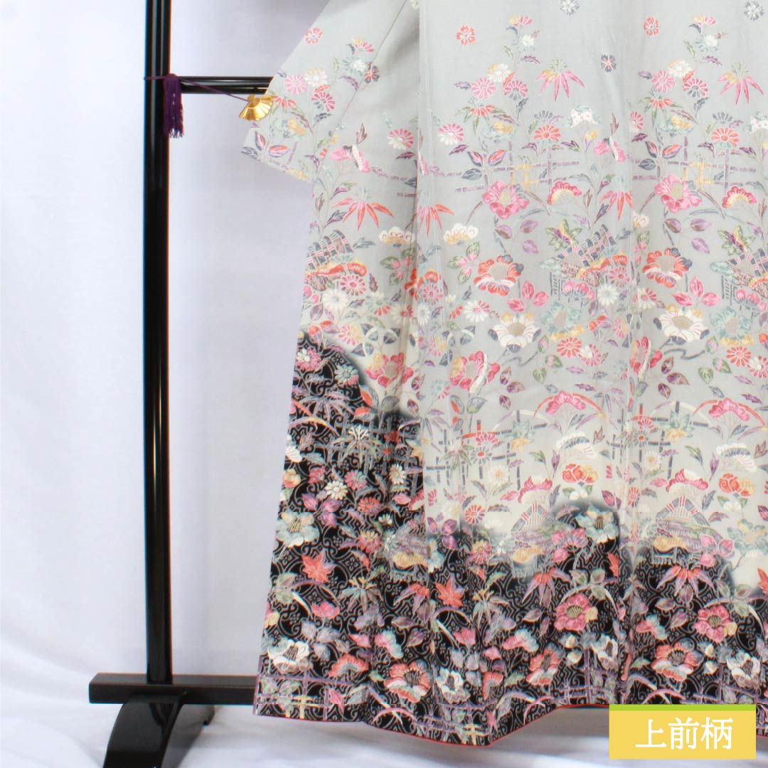 Visiting Kimono, Pure Silk, S Rank, Lined, Length 160cm, Sleeve Length 64cm, Kyoto Yuzen, Wisteria and Cherry Blossom Design, Gray, Product Number: 1112006302422
