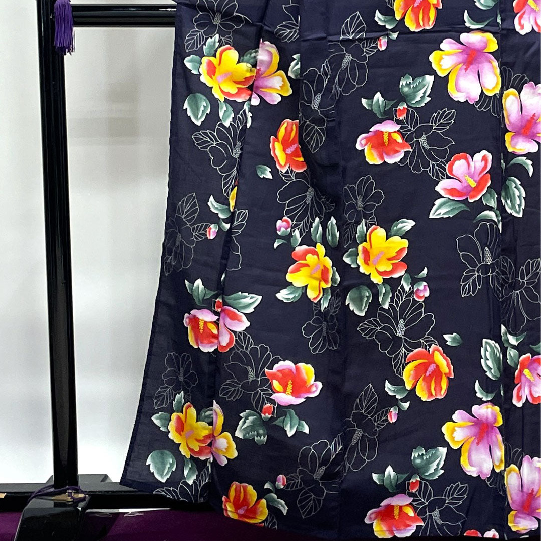 Yukata, purple, floral pattern, cotton, S rank, single layer, length 162.5cm, sleeve length 64.5cm, purple, 1118002352420