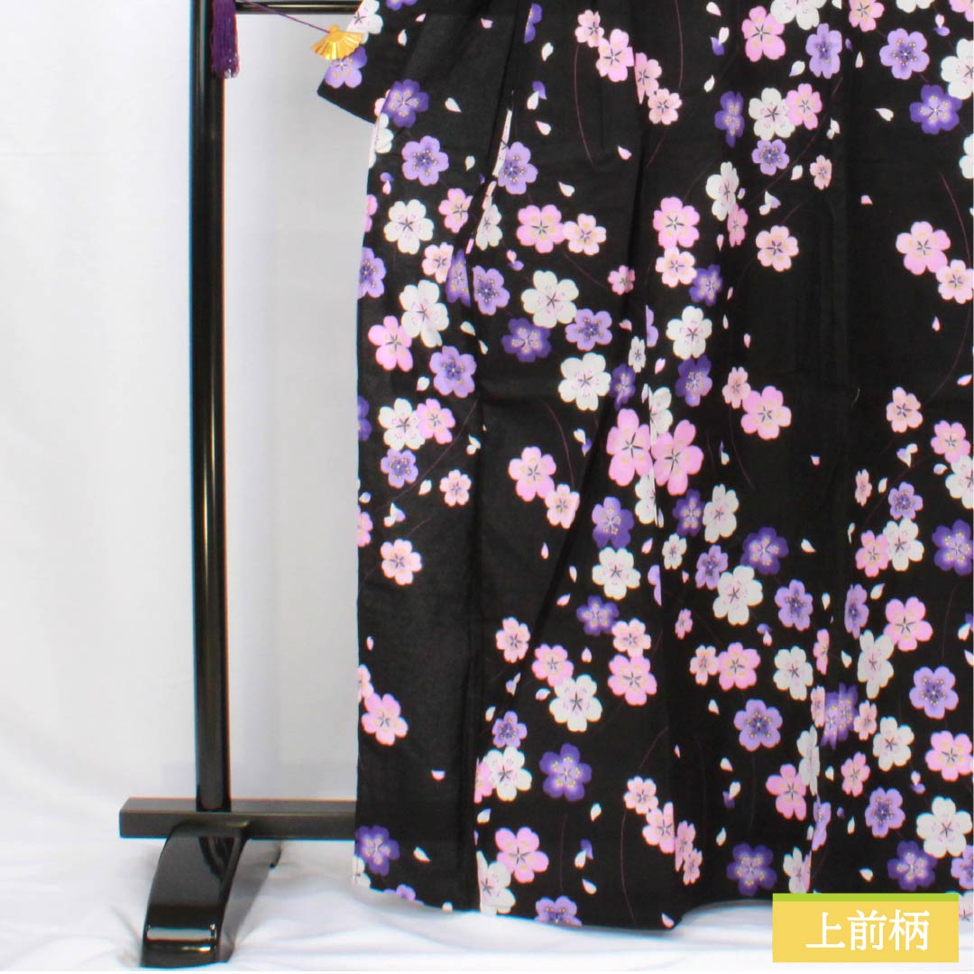 浴衣 木綿 身丈166.5cm 裄丈62.5cm Sランク 単衣 黒系 桜 1118005932510