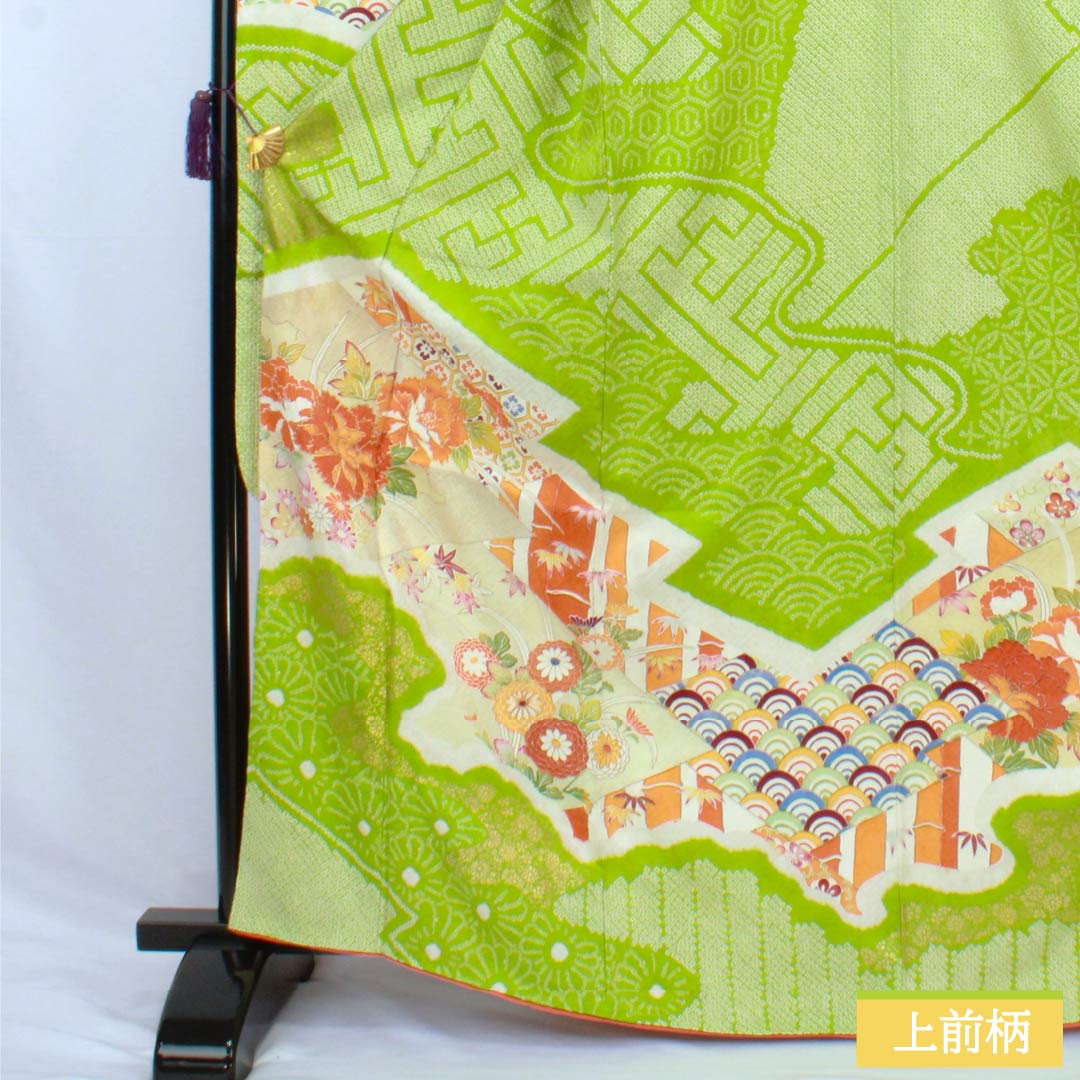Furisode Pure Silk A Rank Length 167.5cm Sleeve-to-sleeve 64.5cm Lined Moegiiro (Yellowish Green) Kyo Yuzen Shibori Classic Pattern Green 1113002813519