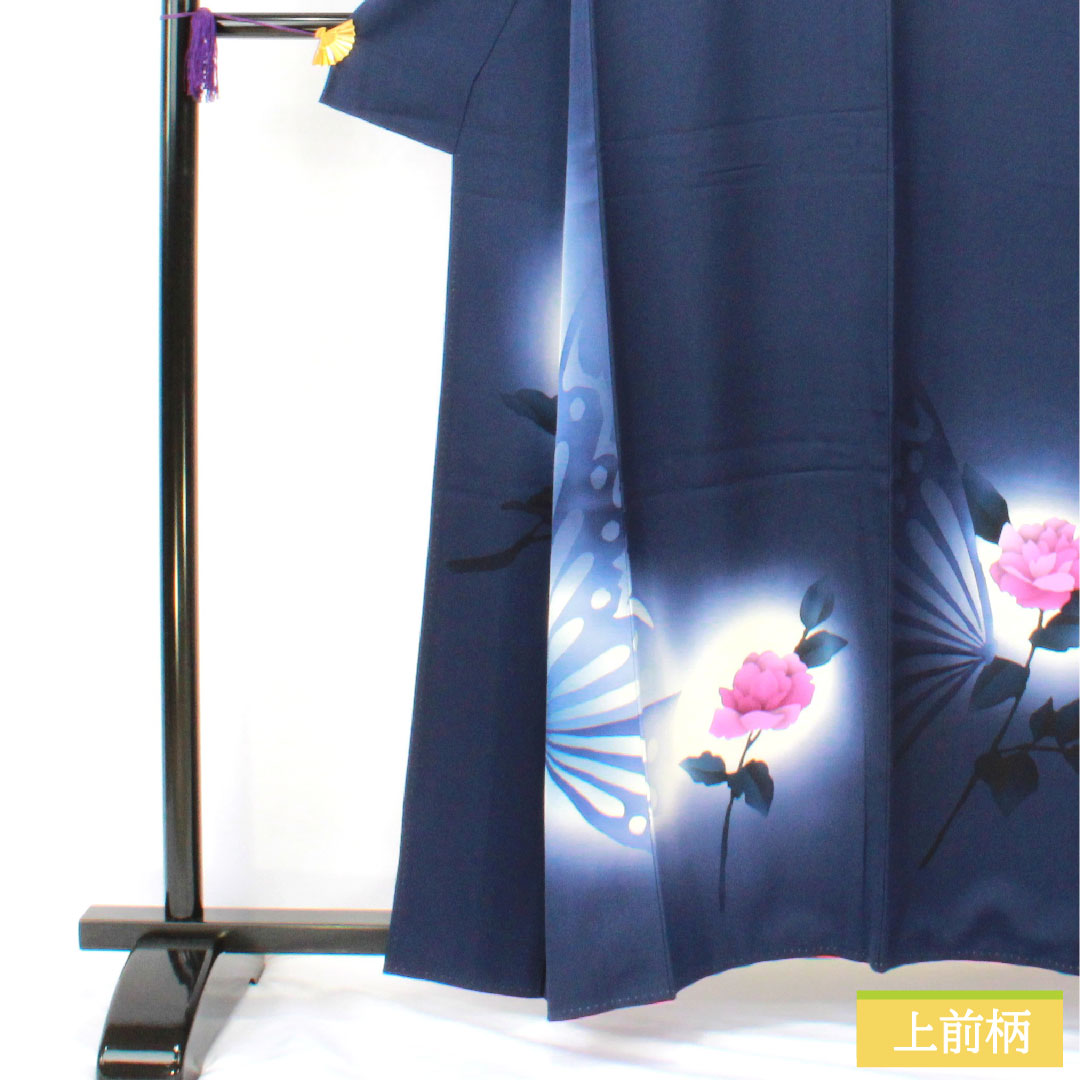 Homongi, pure silk, lined, length 159cm, sleeve length 65cm, dark blue, butterfly, rose, A rank, navy blue, 1112005883318