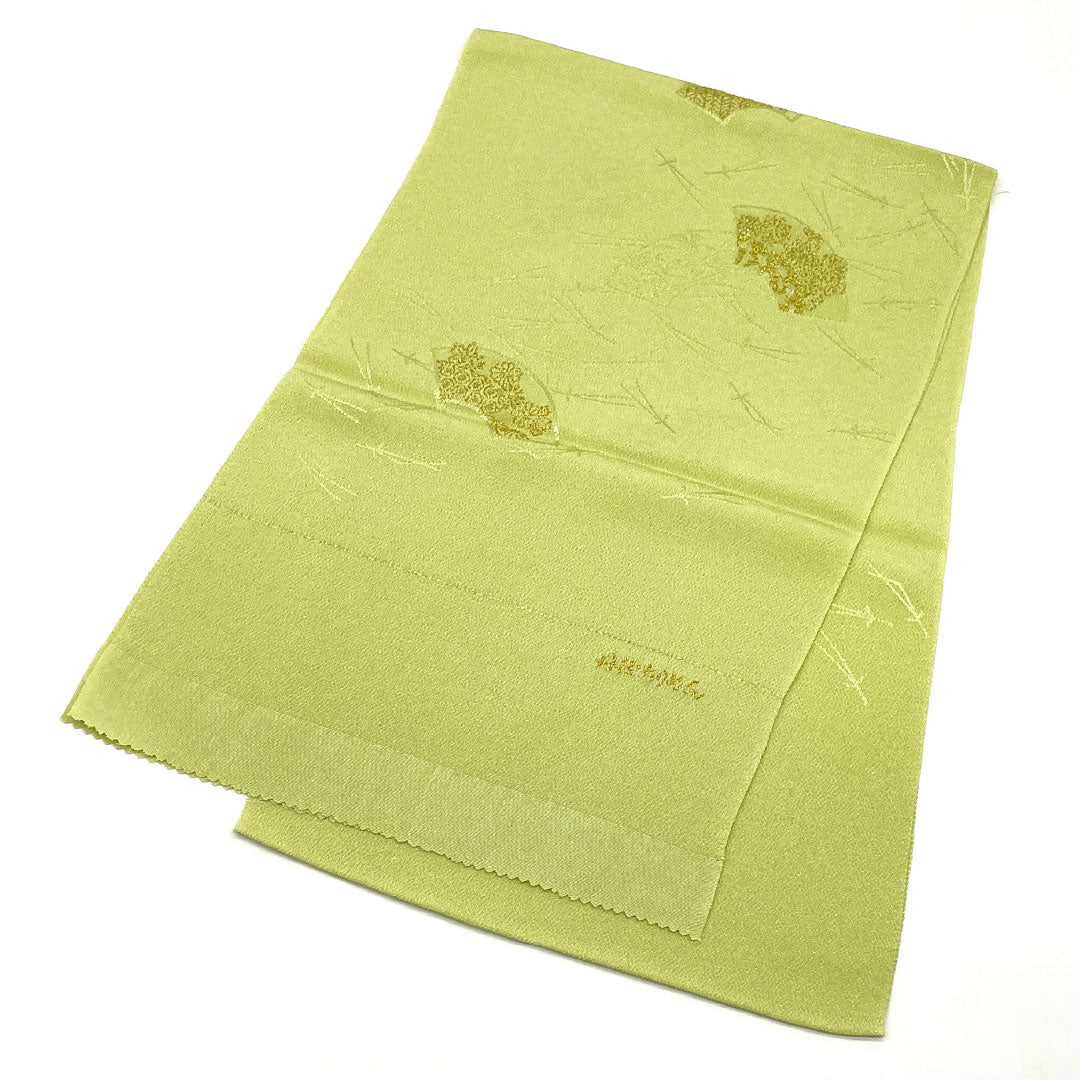 (Like New) Semi-Formal Silk Obiage (Sash) in Pale Willow Green (Usuyanagi-iro) by Tango Chirimen, with a Fan and Pine Design, Approximately 174cm Long and 28.5cm Wide, Green, Product Number: 1136001161919