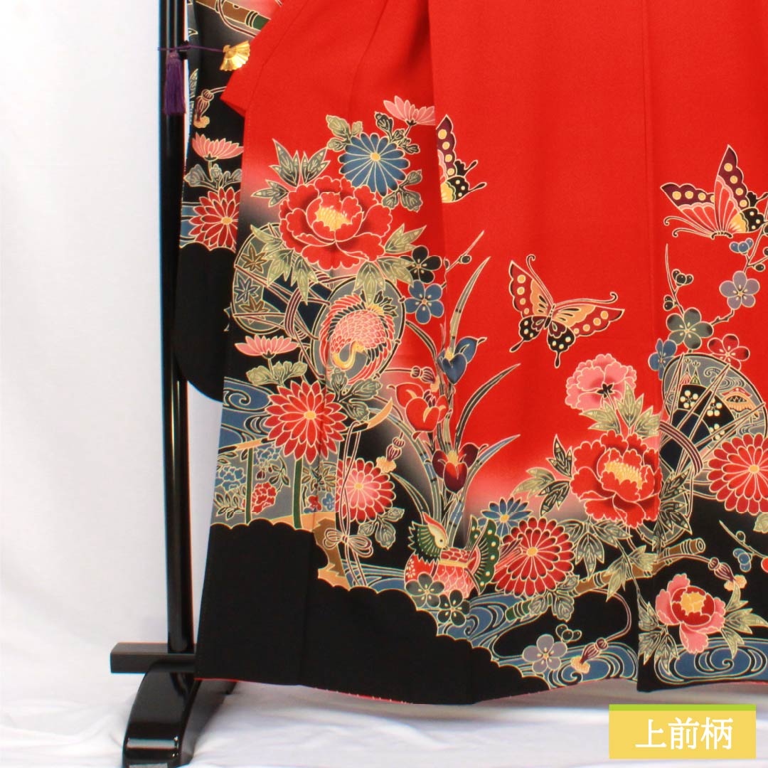 振袖 正絹 Sランク 身丈161.5cm 裄丈67.5cm 袷 赤色(あかいろ) 京紅型 吉祥文様 松竹梅 蝶 鼓 赤系 1113002722412