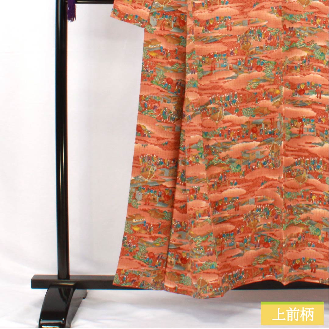 Komon, pure silk, length 155.5cm, sleeve length 66cm, lined, copper color (akaganeiro), historical picture scroll, S rank, brown, 1115005042314