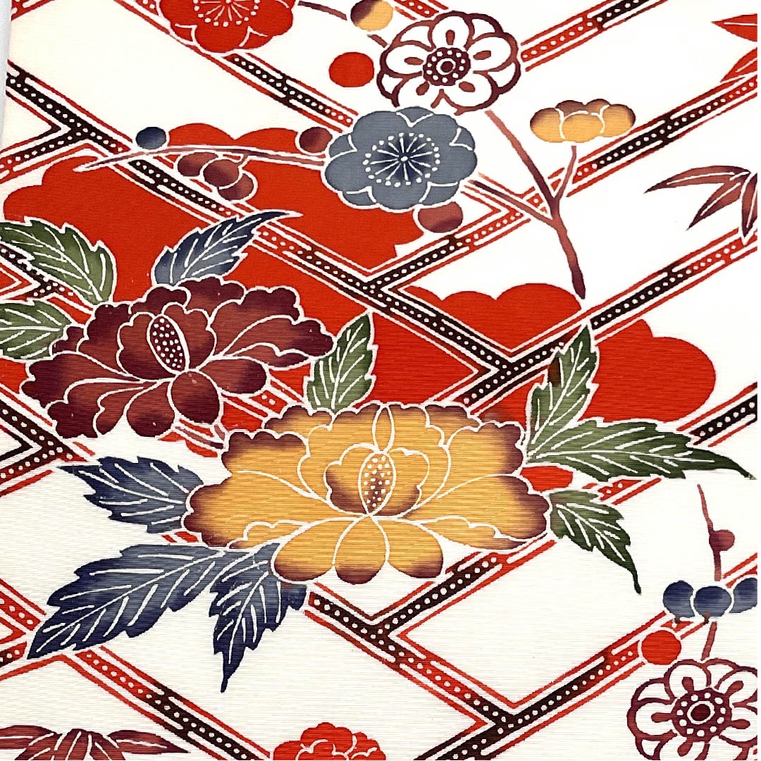 Nagoya obi, white, Kyo-Bingata, peony, plum, bamboo, obi length 364.5cm, pure silk, A rank, point pattern, casual, white, 1124004803311, Nagoya style