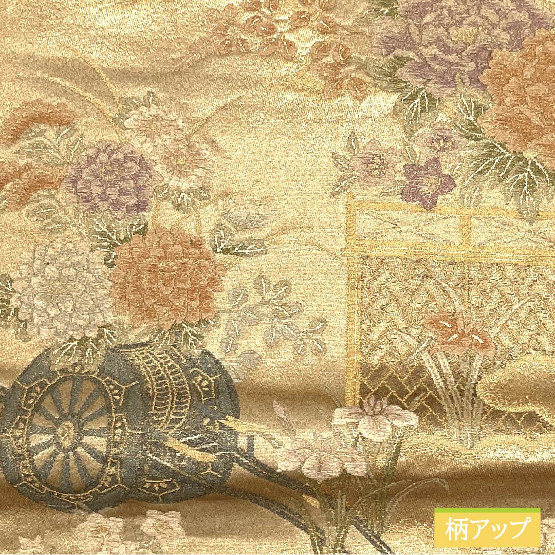 Formal, pure silk obi for formal kimono, featuring a flower cart and peony motif, length 418cm, S rank, six-fold hem, gold finish, product number 1123014612321