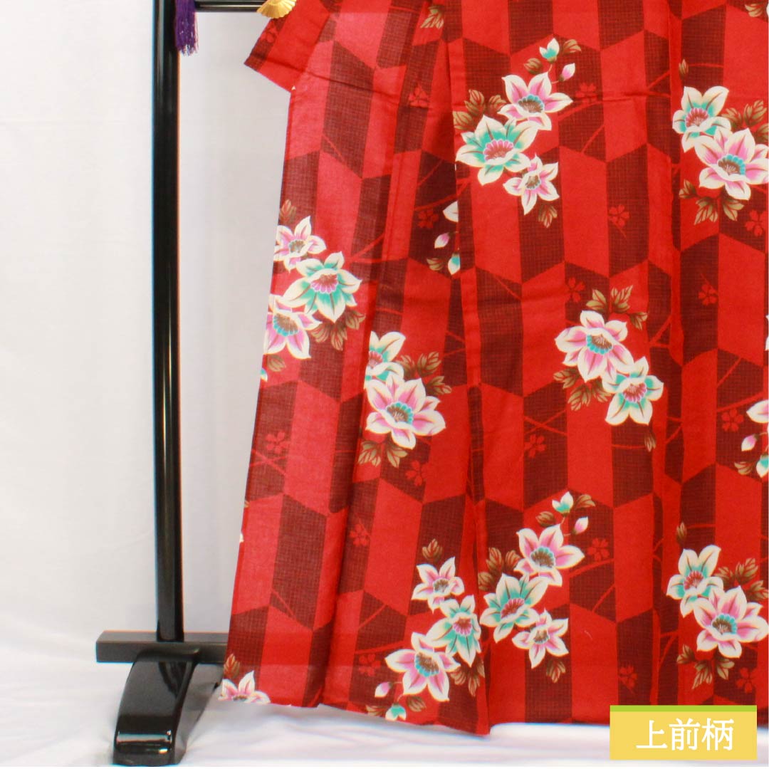 Yukata Cotton Length 165.5cm Sleeve length 67.5cm S rank Single layer Red Reddish red (akabeniiro) Arrow pattern Flower 1118005482512