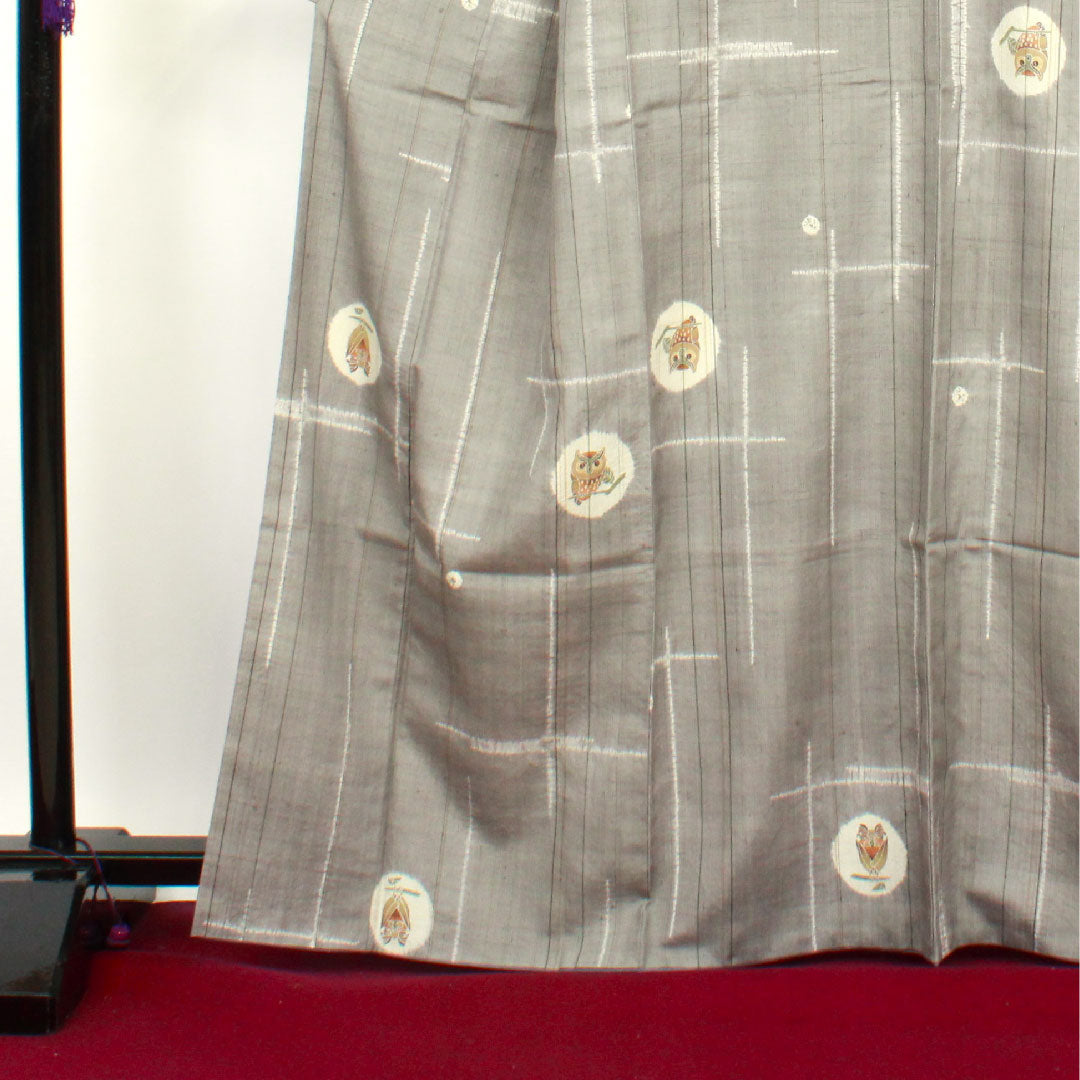 Tsumugi, Length 166cm, Sleeve length 67cm, Gray, Shibori, Owl, Pure silk, S rank, Awase, Gray, 1116002022522