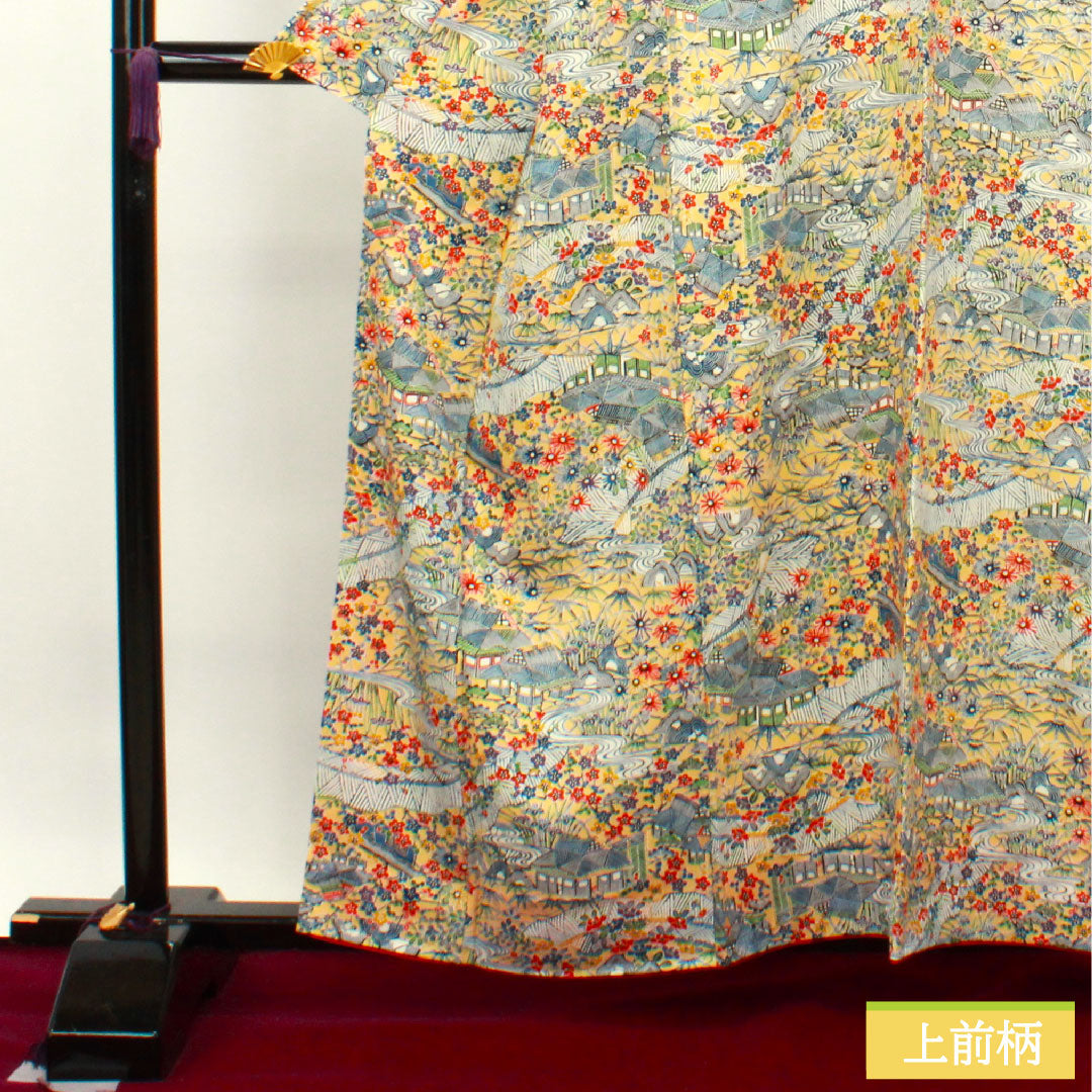 小紋 正絹 身丈158.5cm 裄丈62.5cm 袷 麹色 型染 茶屋辻 しつけ糸付き 未使用品 Sランク 黄系 1115003792323