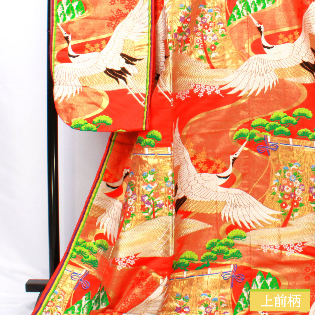 Iro-uchikake (colored kimono) made of pure silk, grade A, length 185cm, sleeve length 67cm, Karaori (Chinese weave) design with crane and folding screen motifs, pine tree motif, lined, vermilion, product number 1110001043916