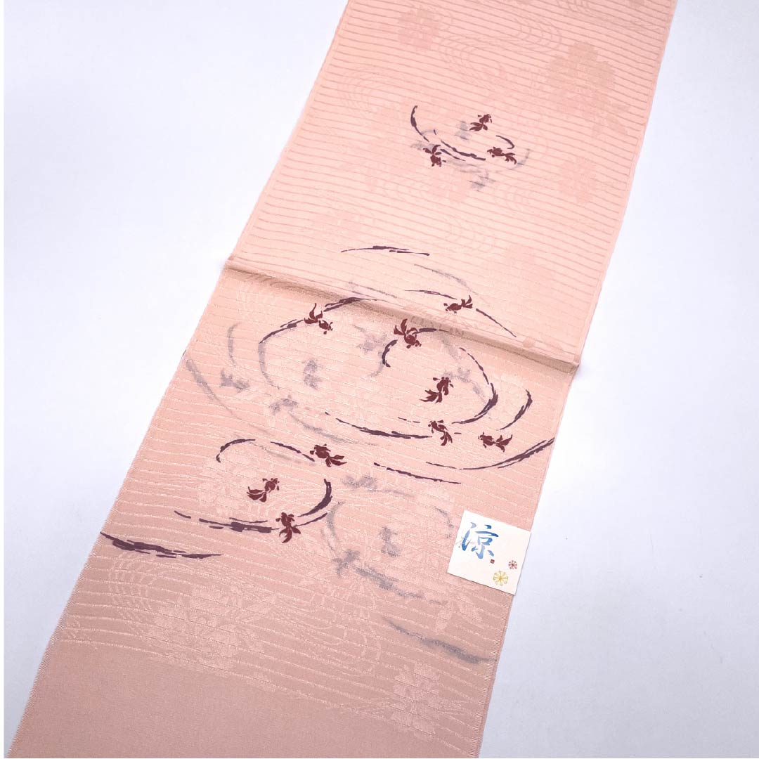 (New) Obiage, pure silk, semi-formal, maiden color, summer, goldfish, classic pattern, length 170cm, width 28cm, new rank, pink, 1136000751913
