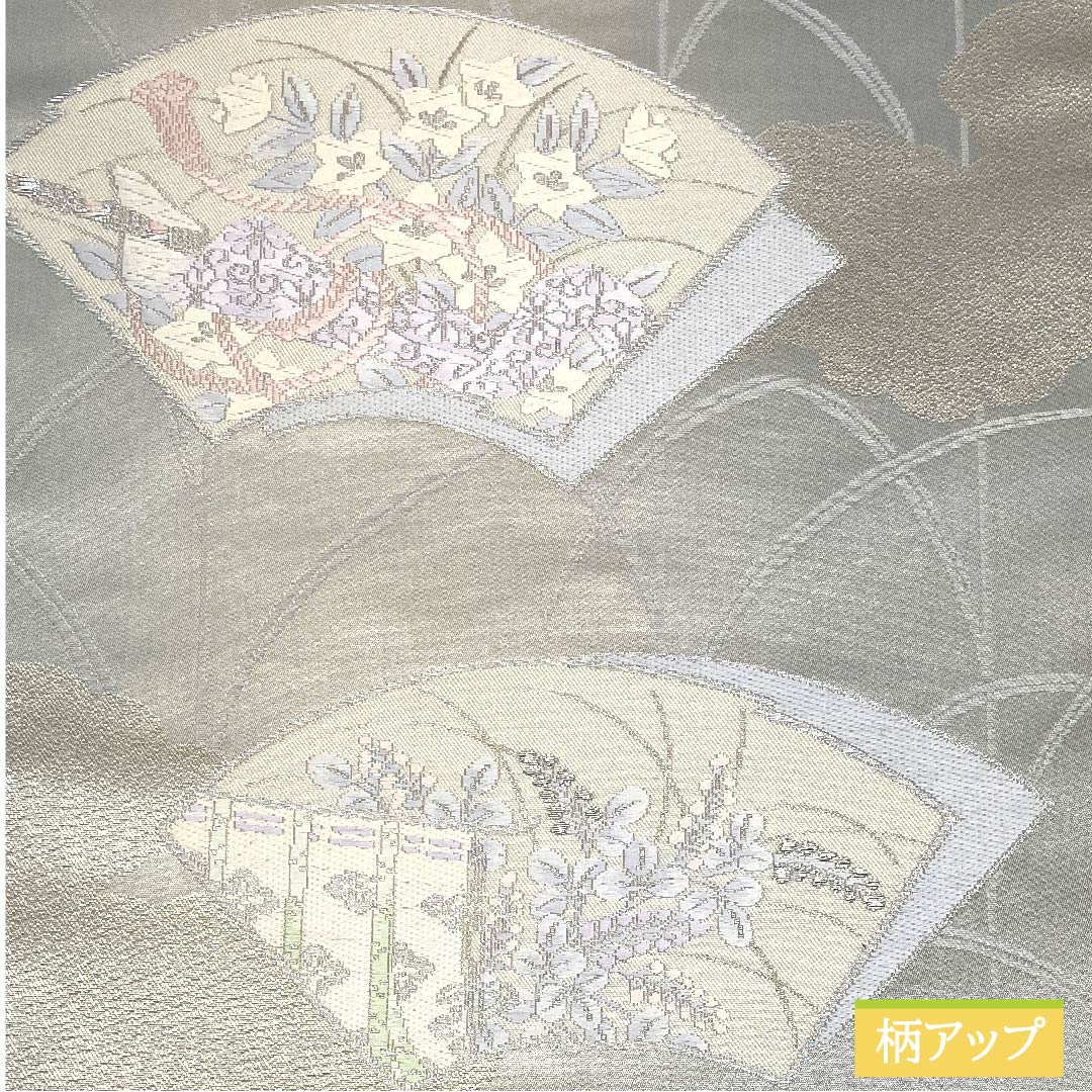 Fukuro Obi (Sash) - Pure Silk, Light Gray, Fan Pattern, Bellflower, Drum, Autumn Leaves, Length 428cm, A Rank, Six-way, Formal, Gray, 1123011823322