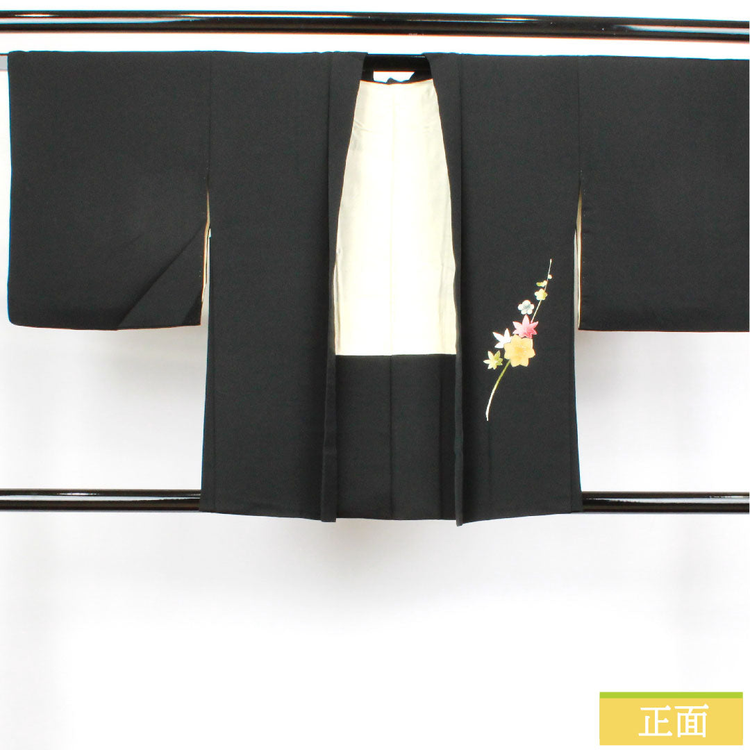 Haori, pure silk, length 78cm, sleeve length 64cm, black haori, Kyo-Yuzen, plum, autumn leaves, A rank, lined, black, 1117000793910