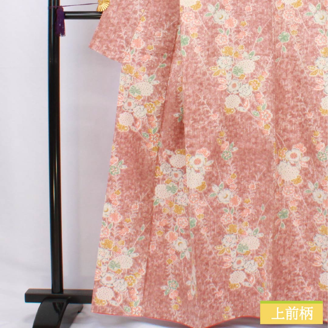 Komon (small pattern) kimono, pure silk, length 162.5cm, sleeve length 62cm, lined, light purple (asa-kisu-iro) color, tsumugi fabric, Tsujigahana (flower) pattern, A rank, pink, 1115006233413