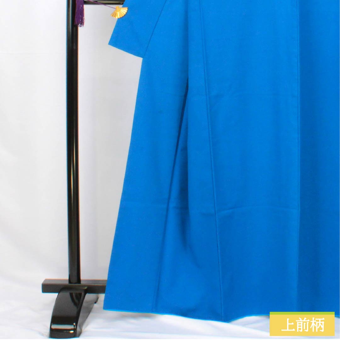 Solid-colored polyester kimono, length 163cm, sleeve length 64cm, gold and blue (kinpekishuiro) color, washable, unlined back, A rank, blue, product number 1114002153417