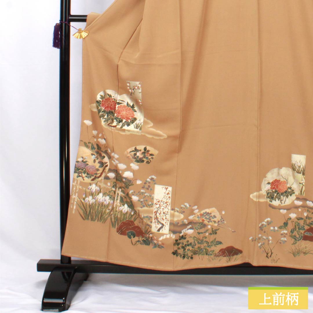 色留袖 正絹 Sランク 身丈157.5cm 裄丈63cm 袷 丁子色(ちょうじいろ) 一つ紋 丸に違い鷹の羽 草花 スコッチガード 一つ紋 茶系 1111002022314