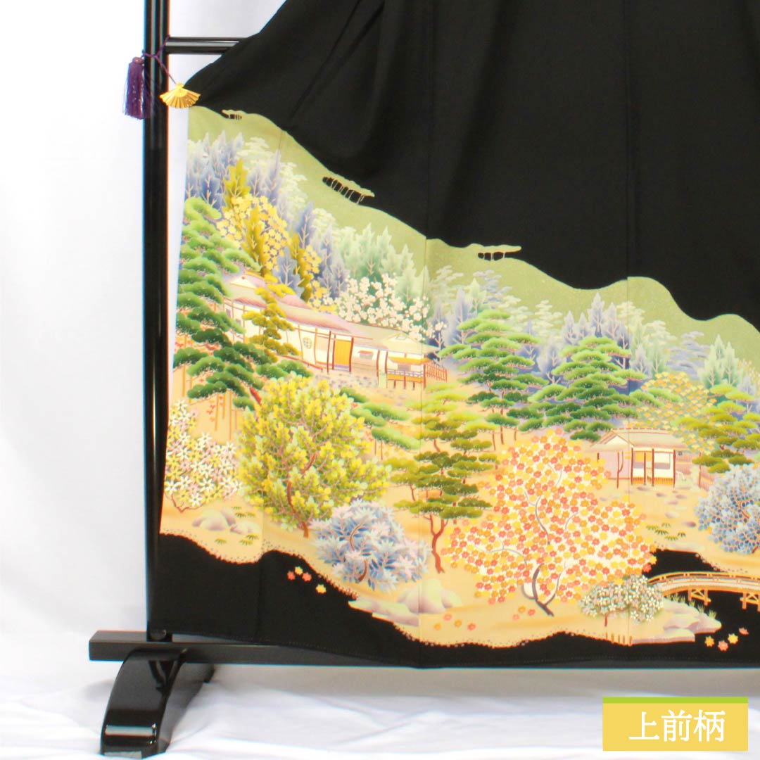 Black Tomesode (Tomesode) - Pure Silk, Grade A, Length 159cm, Sleeve Length 64.5cm, Lined, Kyoto Kaga Yuzen, Five Crests, Embracing Myoga Flower, Artist's Work, Landscape Pattern of Pine and Plum Blossoms, Five Crests, Black, Item Number 1111001963310