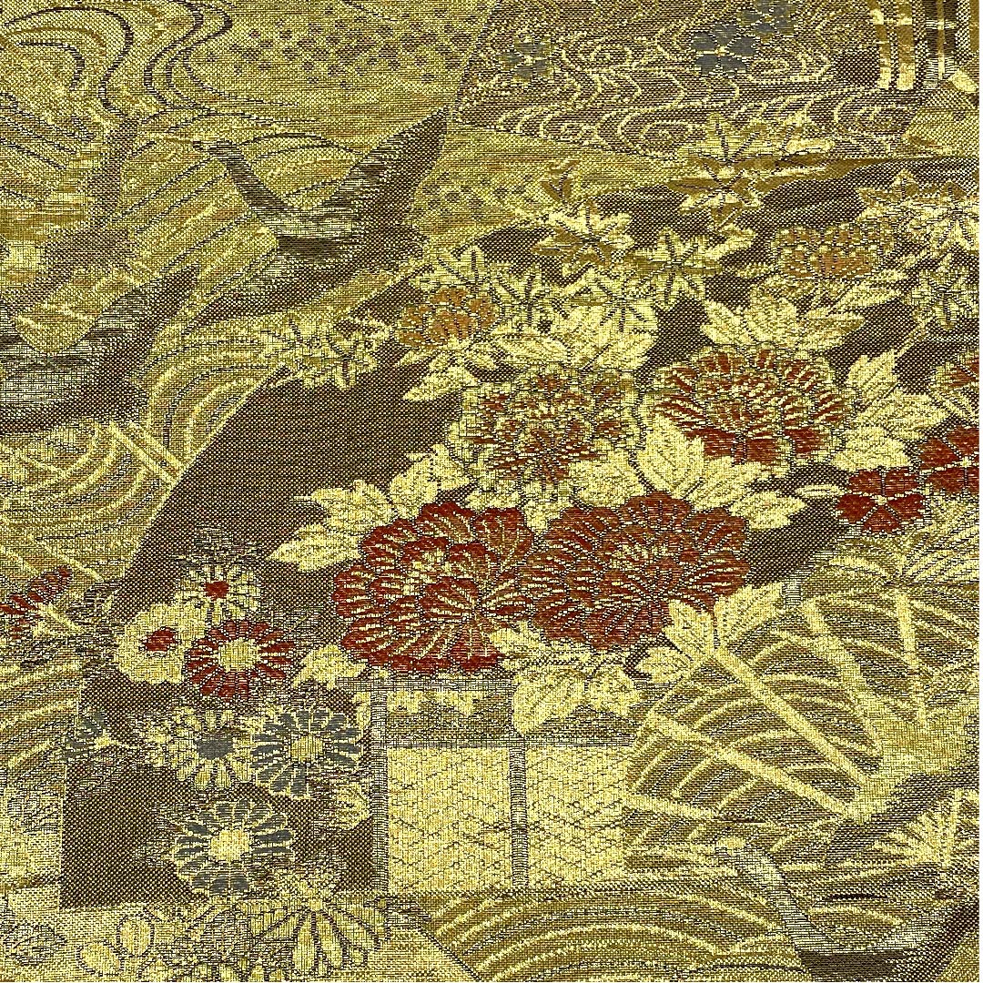袋帯 金色 扇にボタン菊 飛鶴 留袖用 帯丈396cm 正絹 Aランク 六通 フォーマル 金系 1123004733321