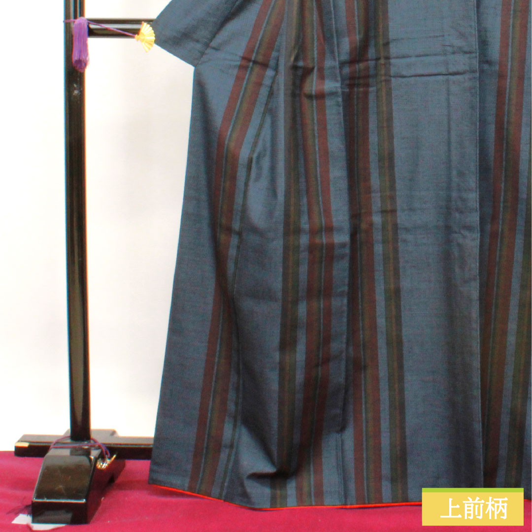 Tsumugi silk, length 168cm, sleeve length 64cm, hexagonal pattern, stripes, S rank, lined, navy blue, 1116003092518