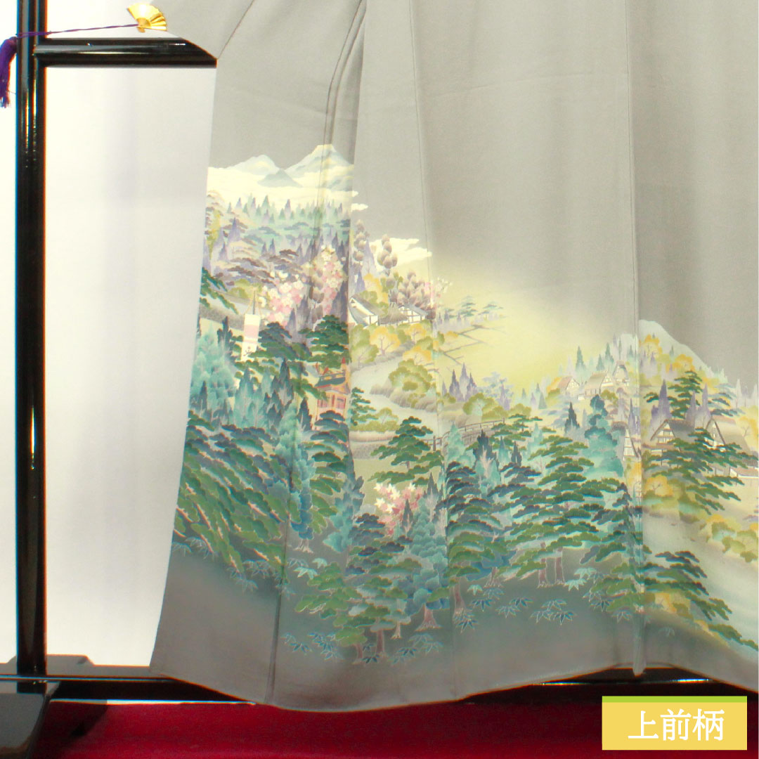 Colored Tomesode, pure silk, length 157cm, sleeve length 63.5cm, lined, tin color, landscape pattern, three crests, ivy, artist's work, Hida Takayama, pearl tone finish, A rank, gray, 1111001363322