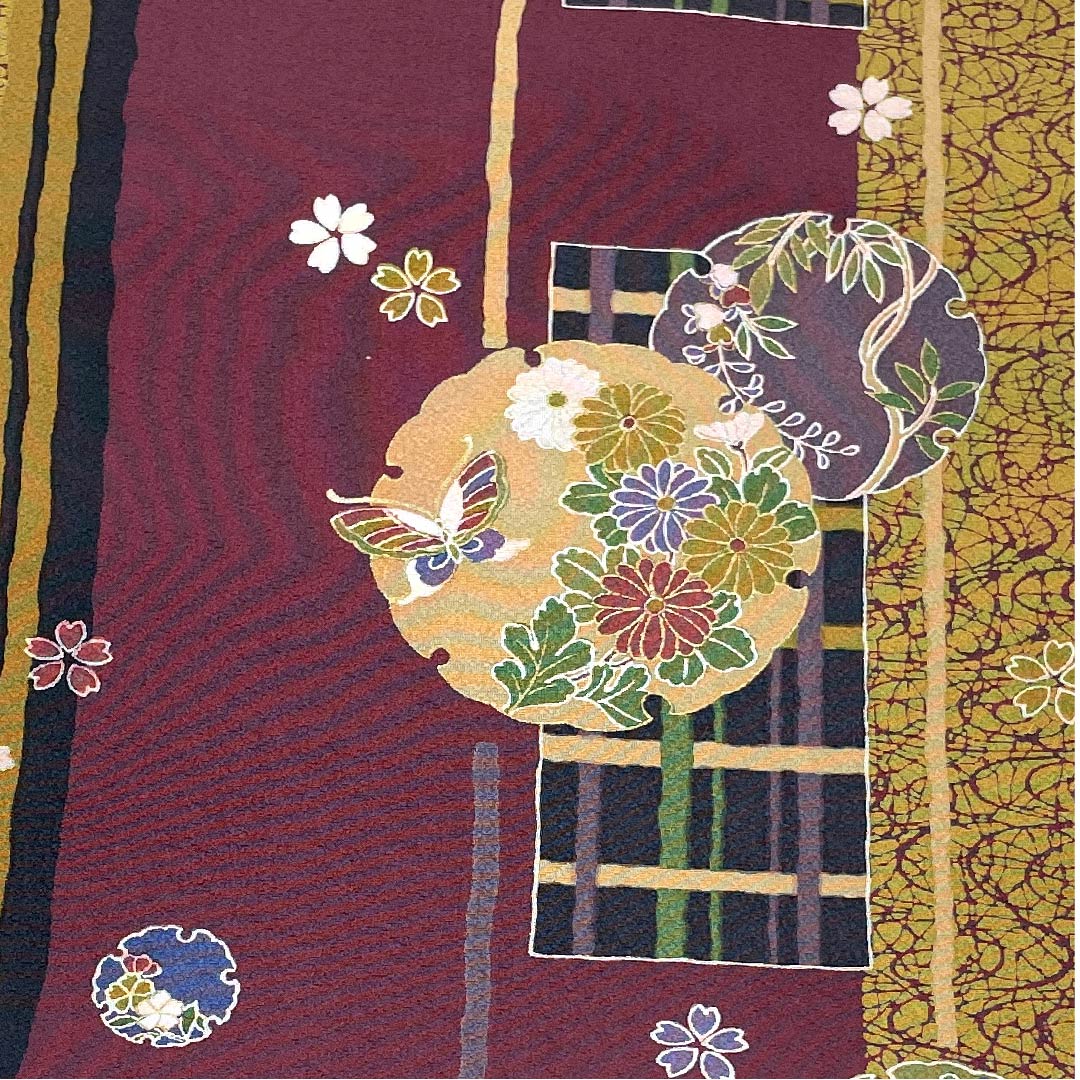 Nagoya obi, rosewood color, classic pattern, snowflake, butterfly, floral pattern, obi length 377cm, polyester, S rank, full length, casual, purple, 1124005052320, Nagoya style