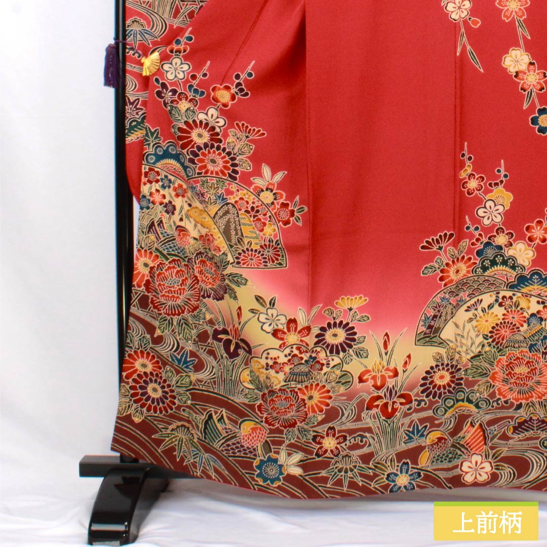 振袖 正絹 Sランク 身丈162.5cm 裄丈68cm 袷 紅絹色(もみいろ) 京紅型 吉祥文様 草花 扇面 流水 赤系 1113002672412