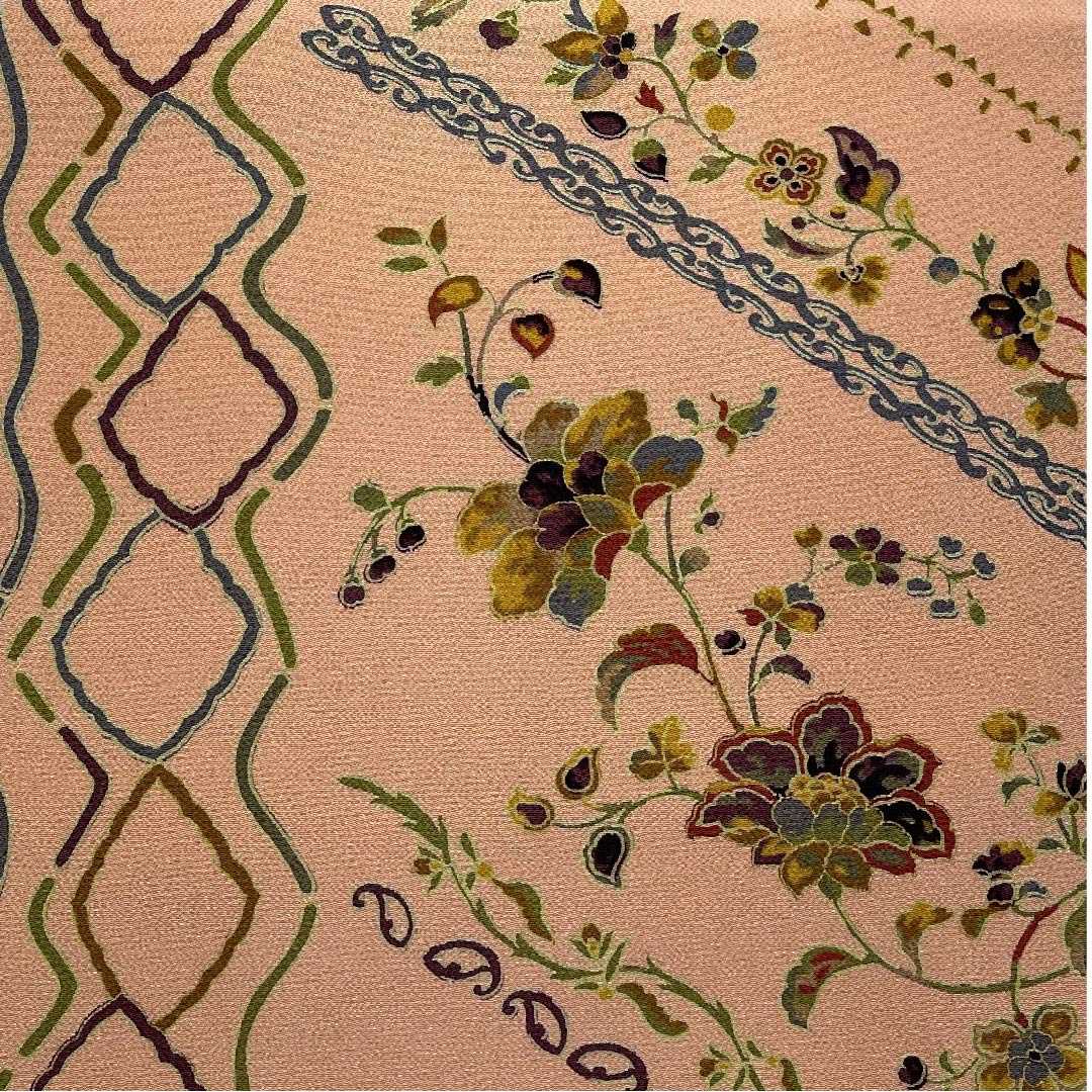 Nagoya obi, light red, stencil-dyed, chintz, abstract pattern, obi length 374cm, pure silk, S rank, full-length, casual, pink, 1124003982313, Nagoya style