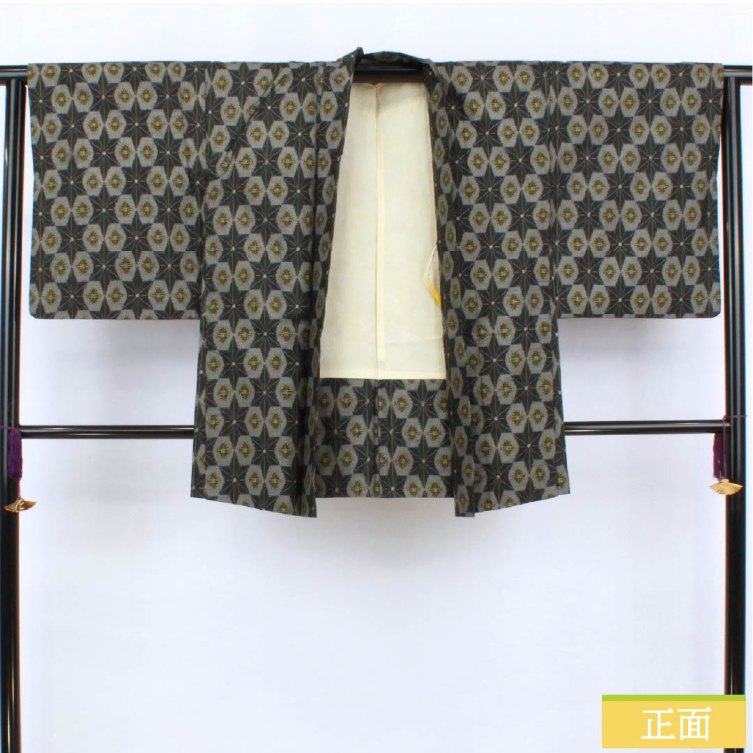 Haori (Japanese traditional kimono jacket) made of pure silk, grade A, length 80.5cm, sleeve length 64cm, rusty iron color (sabi-tui-ro), by Murayama Oshima, geometric pattern, lined, green, with haori cord, product number 1117001373919