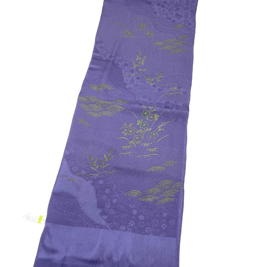 帯揚げ 正絹 Sランク セミフォーマル 竜胆色(りんどういろ) 道長取り 草花 波 長さ約173cm 幅約29cm 紫系 1136004322920