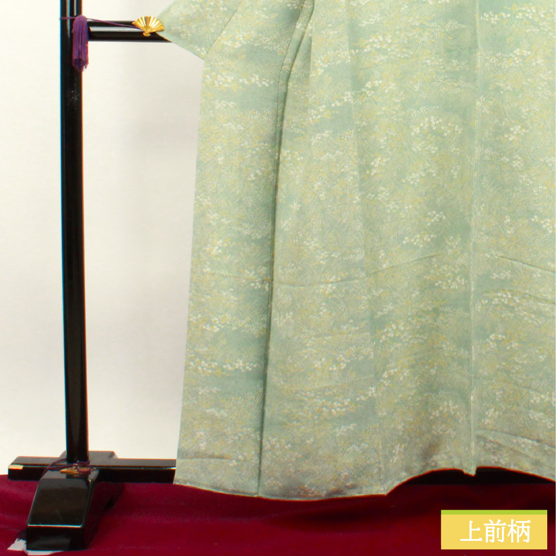 小紋 正絹 身丈158cm 裄丈61.5cm 袷 裏葉色 草花模様 しつけ糸付き 未使用品 Sランク 緑系 1115003612319