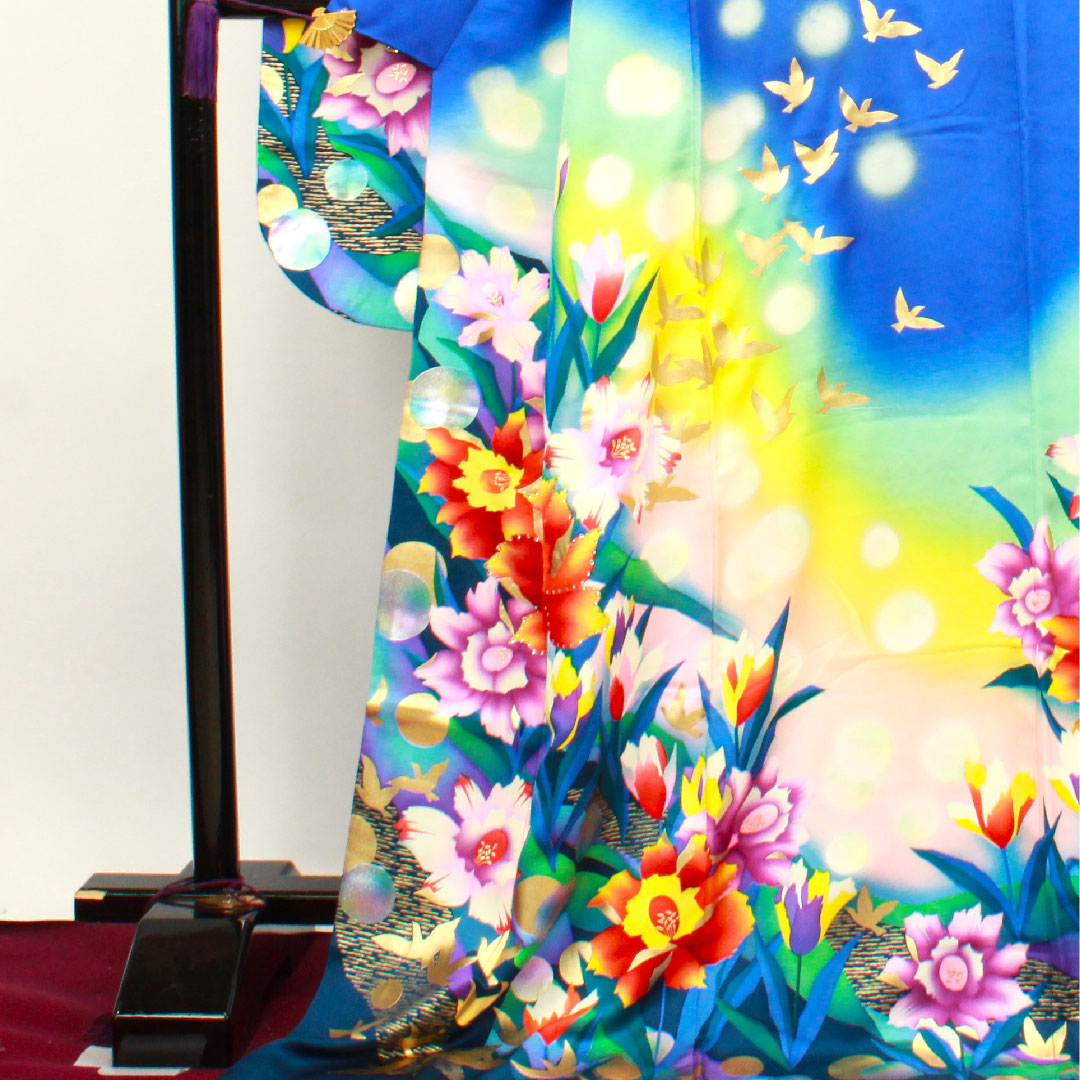 振袖 身丈176.5cm 裄丈64cm 袷 瑠璃色 花鳥模様 正絹 Bランク 紺系 1113001484818