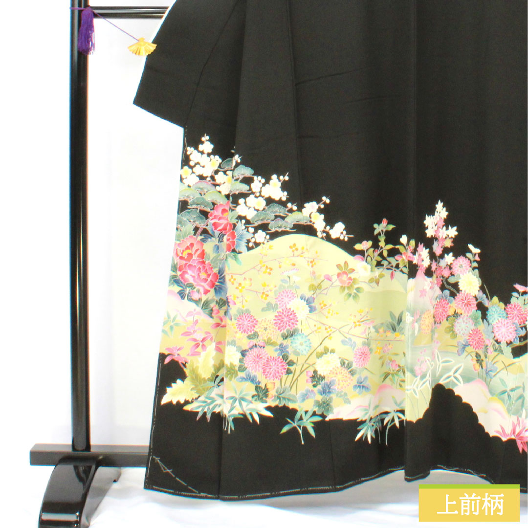 黒留袖 正絹 身丈158.5cm 裄丈62cm 袷 京加賀友禅 草花模様 作家物 五つ紋 花菱 Aランク 黒系 1111001673310