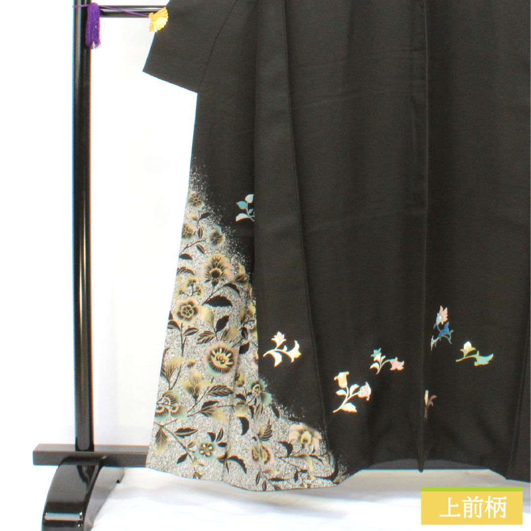 Homongi, pure silk, lined, length 158cm, sleeve length 62.5cm, Kyoto Yuzen, floral pattern, A rank, black, 1112005613310