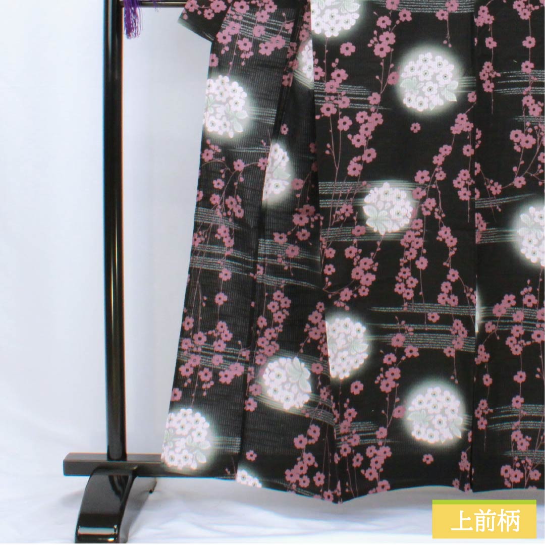 Cotton Yukata, Length 159cm, Sleeve Length 66cm, S Rank, Single Layer, Black with Floral Pattern, Vertical Silk, 1118006462310