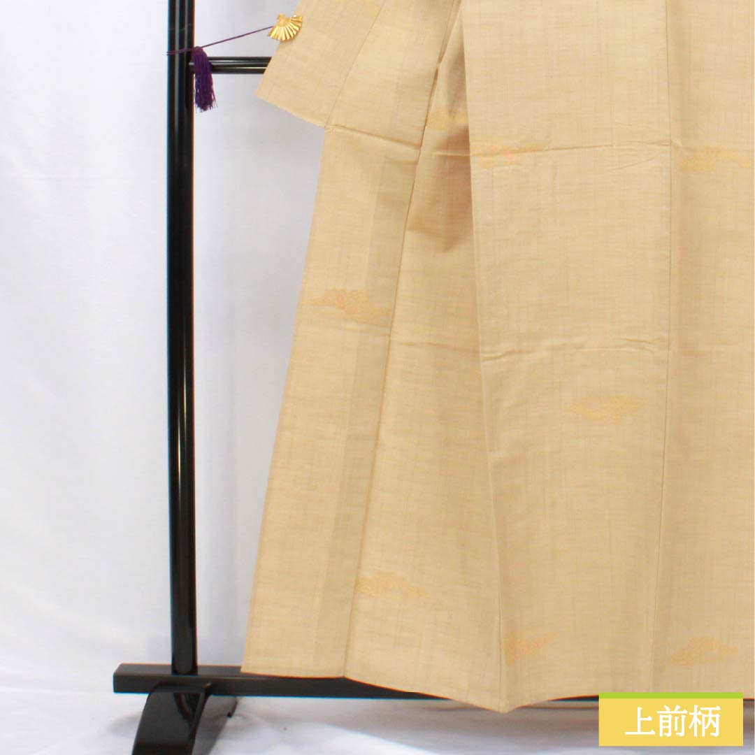 Pure silk tsumugi (pongee) kimono, Grade A, length 158cm, sleeve length 63cm, Kare-no-iro (dry field color), stripes, cloud patterns, classic pattern, single layer, beige, product number 1116004273325