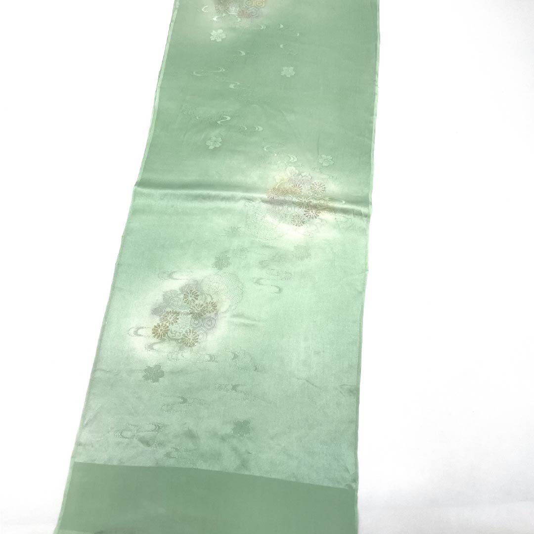 帯揚げ 正絹 Aランク セミフォーマル 薄緑色(うすみどりいろ) 桜 流水 亀甲 長さ約180cm 幅約30.5cm 緑系 1136002443919