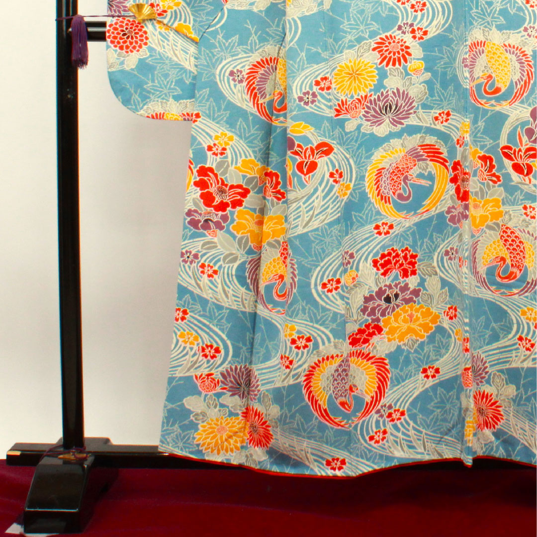 振袖 身丈156.5cm 裄丈64cm 袷 天青色 京紅型 吉祥文様 正絹 Aランク 青系 1113001653317