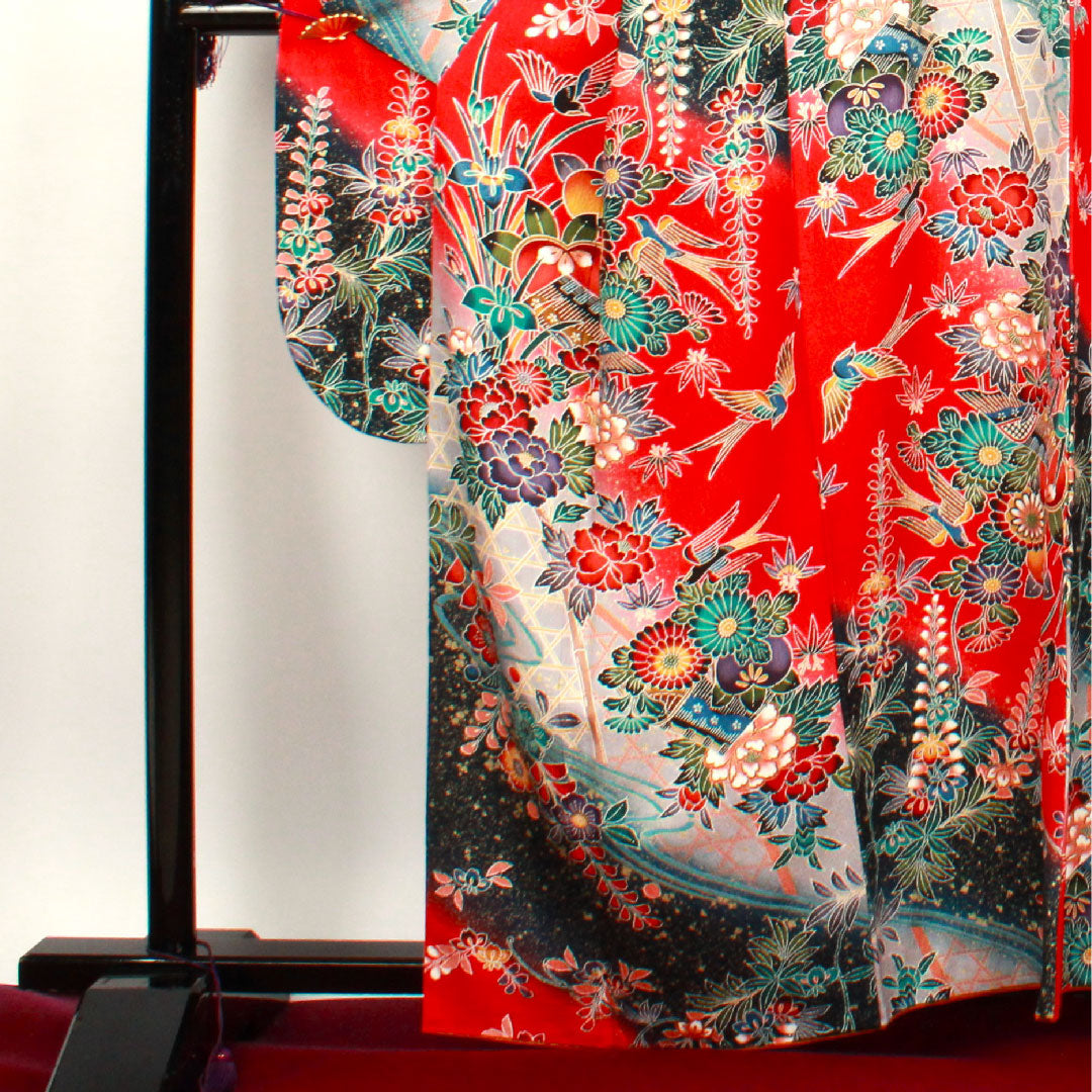 振袖 身丈163cm 裄丈64cm 袷 茜色 型染 吉祥文様 正絹 Sランク 赤系 1113000862412
