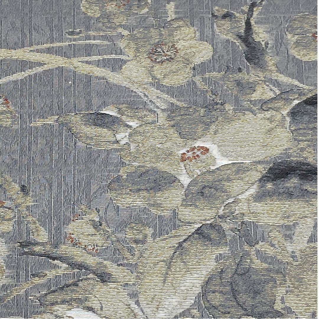 Fukuro obi (light dull color) with plum blossom, dew grass and checkered pattern, by an artist, obi length 432cm, pure silk, rank S, point pattern, casual, gray, 1123008902322
