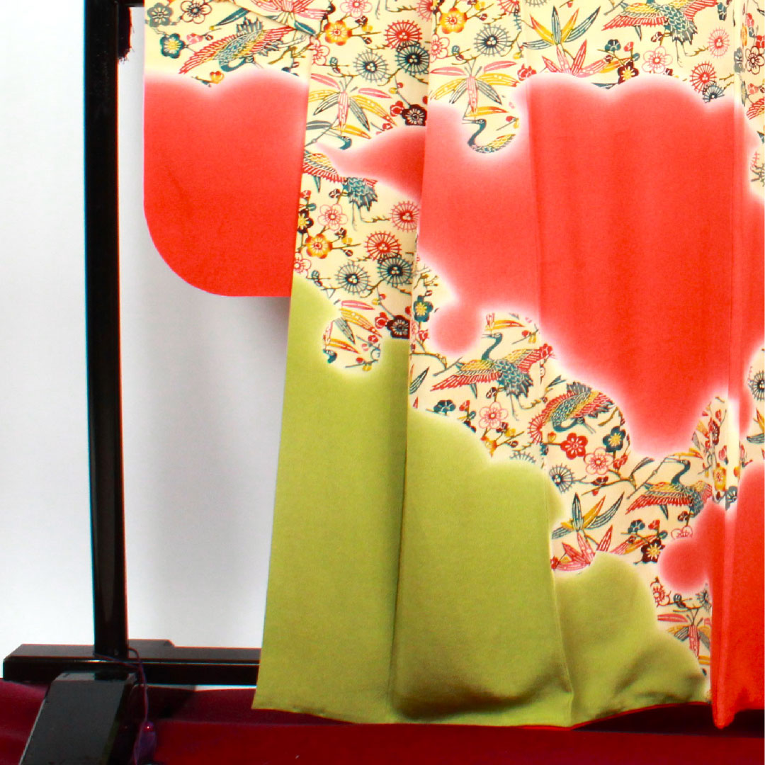 振袖 身丈162cm 裄丈65cm 袷 青丹色 京紅型 吉祥文様 正絹 Sランク 緑系 1113000872419