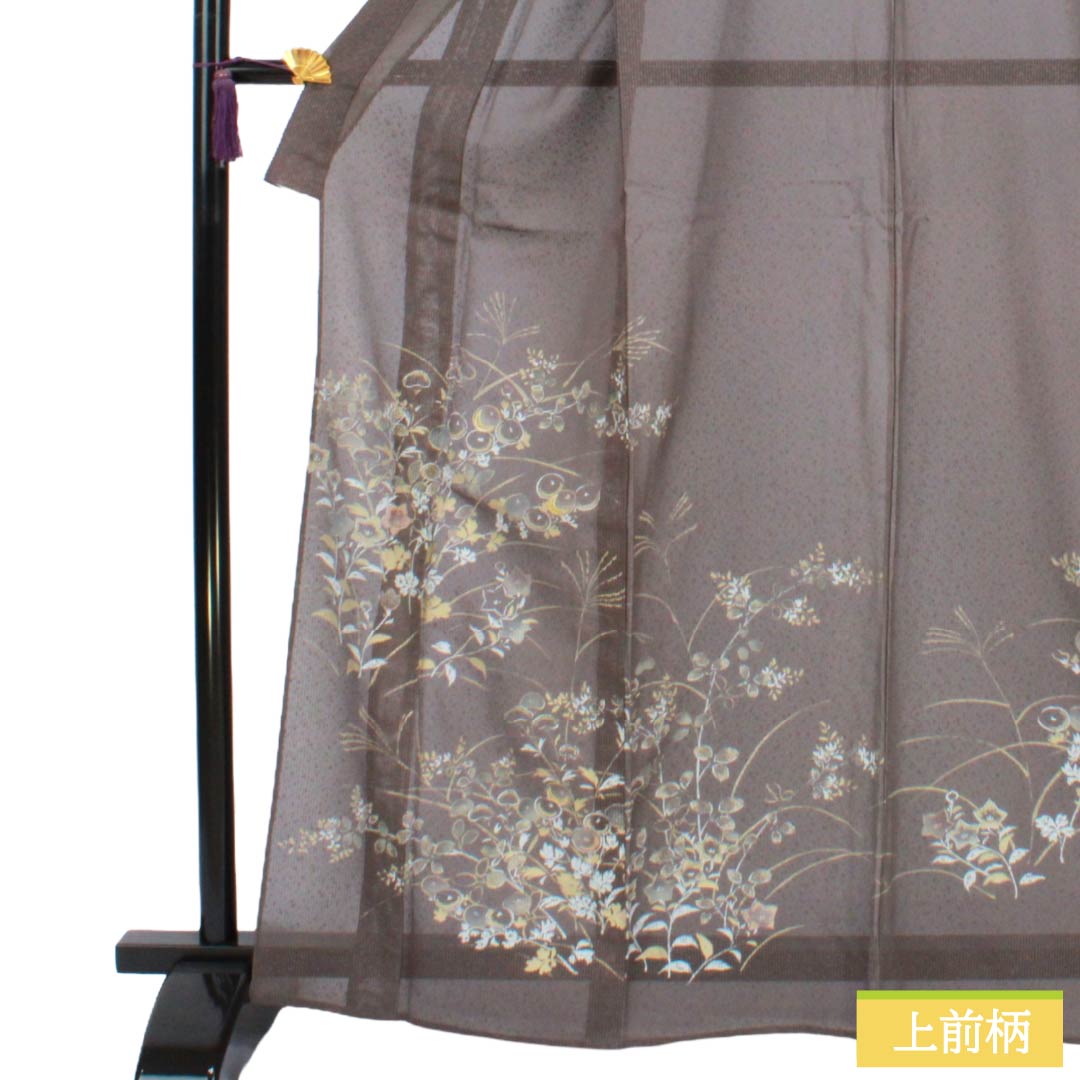 夏物 正絹 訪問着 Bランク 身丈165.5cm 裄丈65cm 都鼠色(みやこねずいろ) 京友禅 タタキ染 秋草 絽 茶系 1132005104514