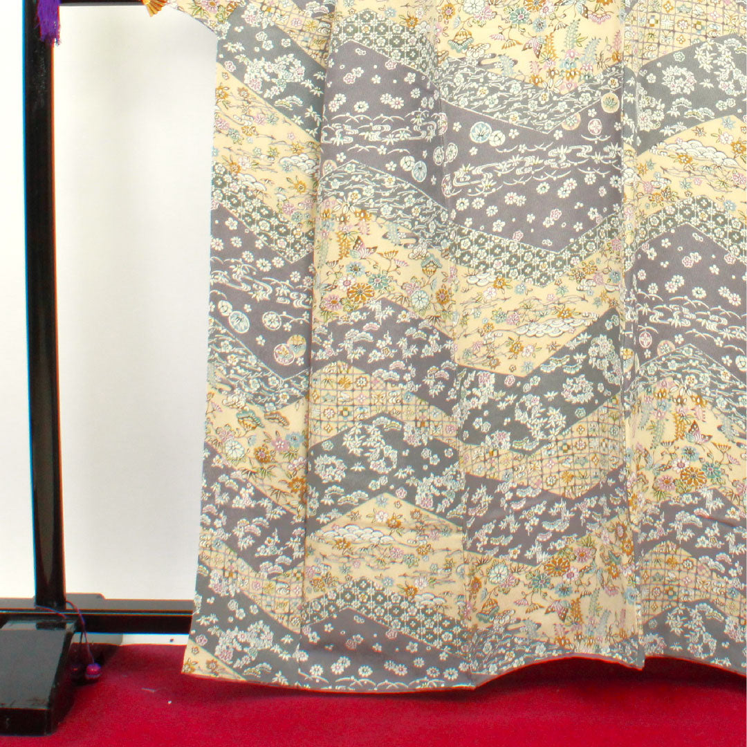 小紋 身丈160.5cm 裄丈62cm 袷 燻銀色 麴色 京紅型 正絹 Aランク グレー系 1115002453422