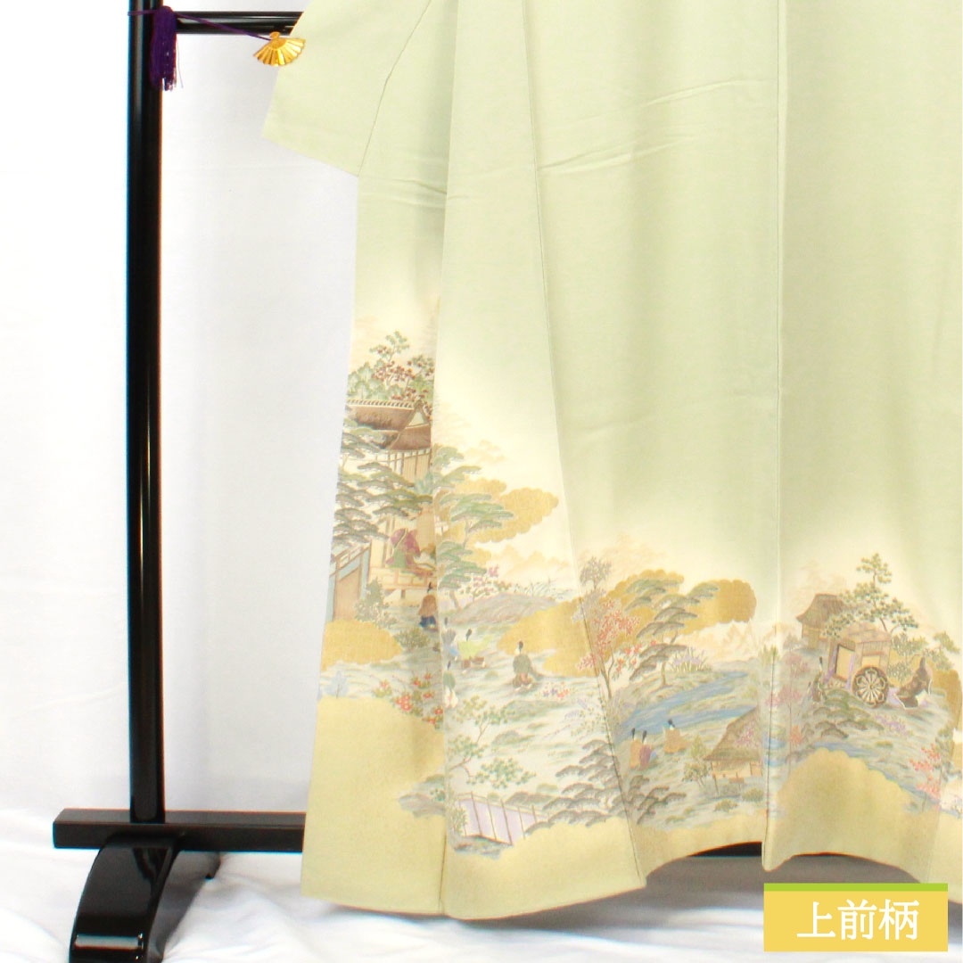色留袖 正絹 身丈159cm 裄丈63cm 袷 薄緑色(うすみどりいろ) 寿光織 風景模様 一つ紋 Sランク 緑系 1111001702319