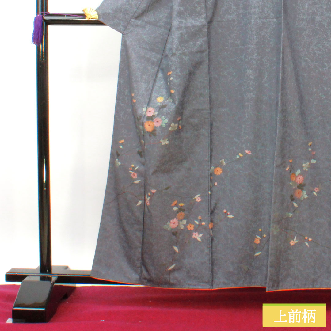 Homongi, pure silk, lined, length 161cm, sleeve length 63cm, grayish blue, Oshima Tsumugi, floral pattern, artist's work, A rank, gray, 1112004013422