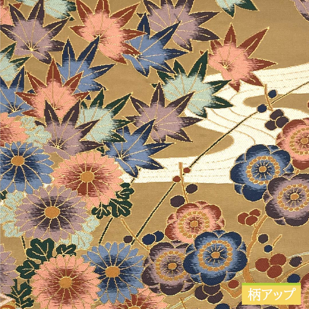 Fukuro Obi (sash) made of pure silk, S-rank, in a gray-yellow Yamabuki color, by Hakuryoen Oba, featuring a classic autumn leaf and iris pattern. Length: 434cm, six-fold, formal, beige. Product number: 1123015072325