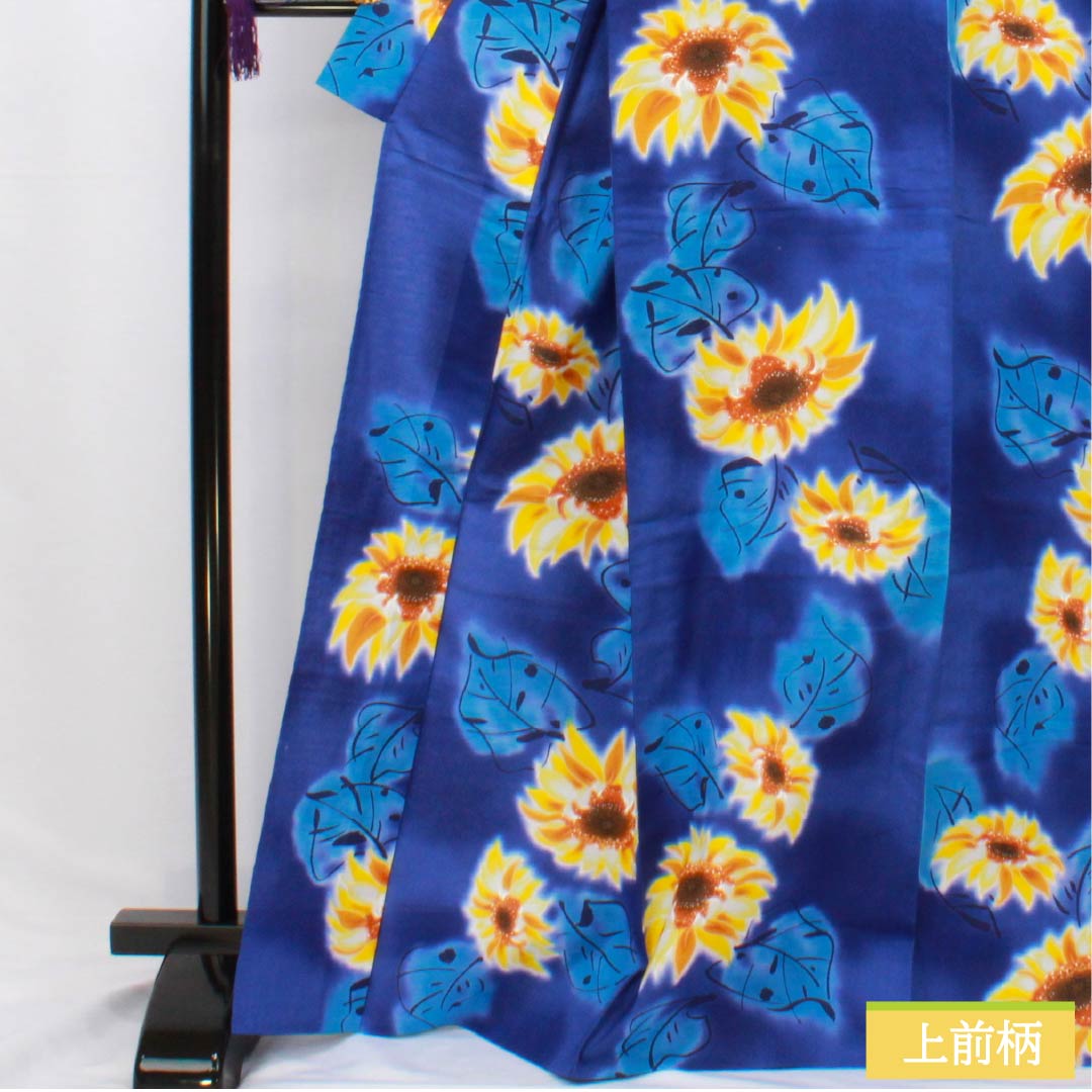 Cotton Yukata, Length 169cm, Sleeve Length 69cm, S Rank, Single Layer, Blue, Kikyo-iro (Kikyou-iro) with Sunflower Design, 1118006492517